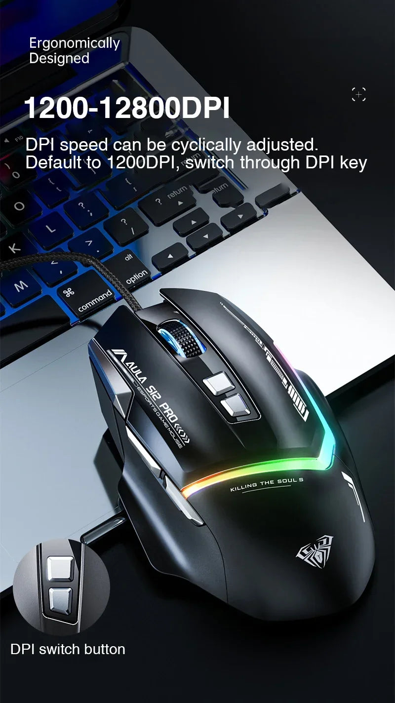 Mouse meccanico cablato AULA S12Pro 1000HZ 12800DPI RGB a bassa latenza con macro personalizzabili, mouse da gaming esports, accessori per PC gamer