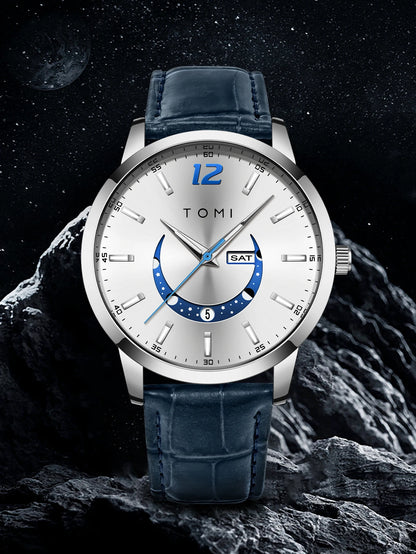 Relógio de quartzo TOMI, estilo empresarial e elegante, com bracelete em pele, caixa em liga metálica e mostrador com ponteiros – Design de alta qualidade, ideia de presente para homem