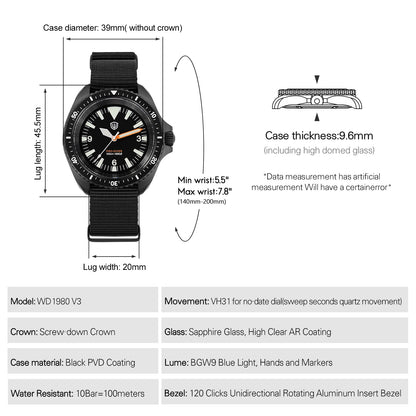 Orologio di lusso da uomo Watchdives WD1980 V3 con movimento al quarzo VH31 Sweep Seconds, vetro zaffiro con rivestimento AR e impermeabilità 10Bar