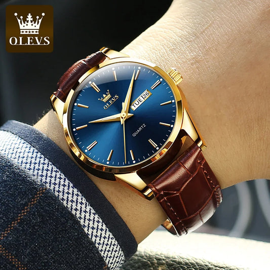 Relógio de quartzo OLEVS para homem – Estilo luxuoso e elegante, bracelete em pele, indicação da data e do dia, resistente à água, ideal para o trabalho