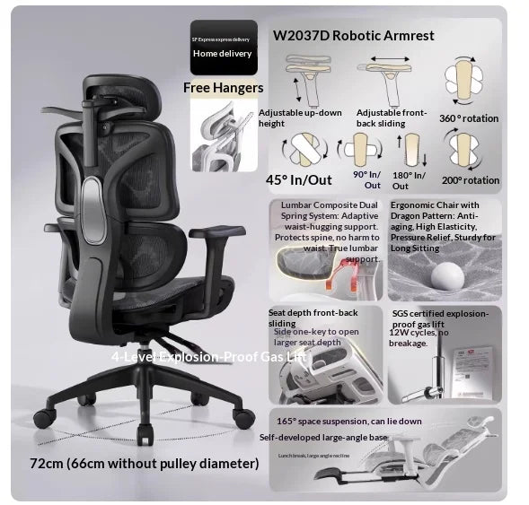 Sedia da ufficio in rete ergonomica con supporto lombare regolabile, girevole e reclinabile, poggiatesta, ruote, per home office e gaming