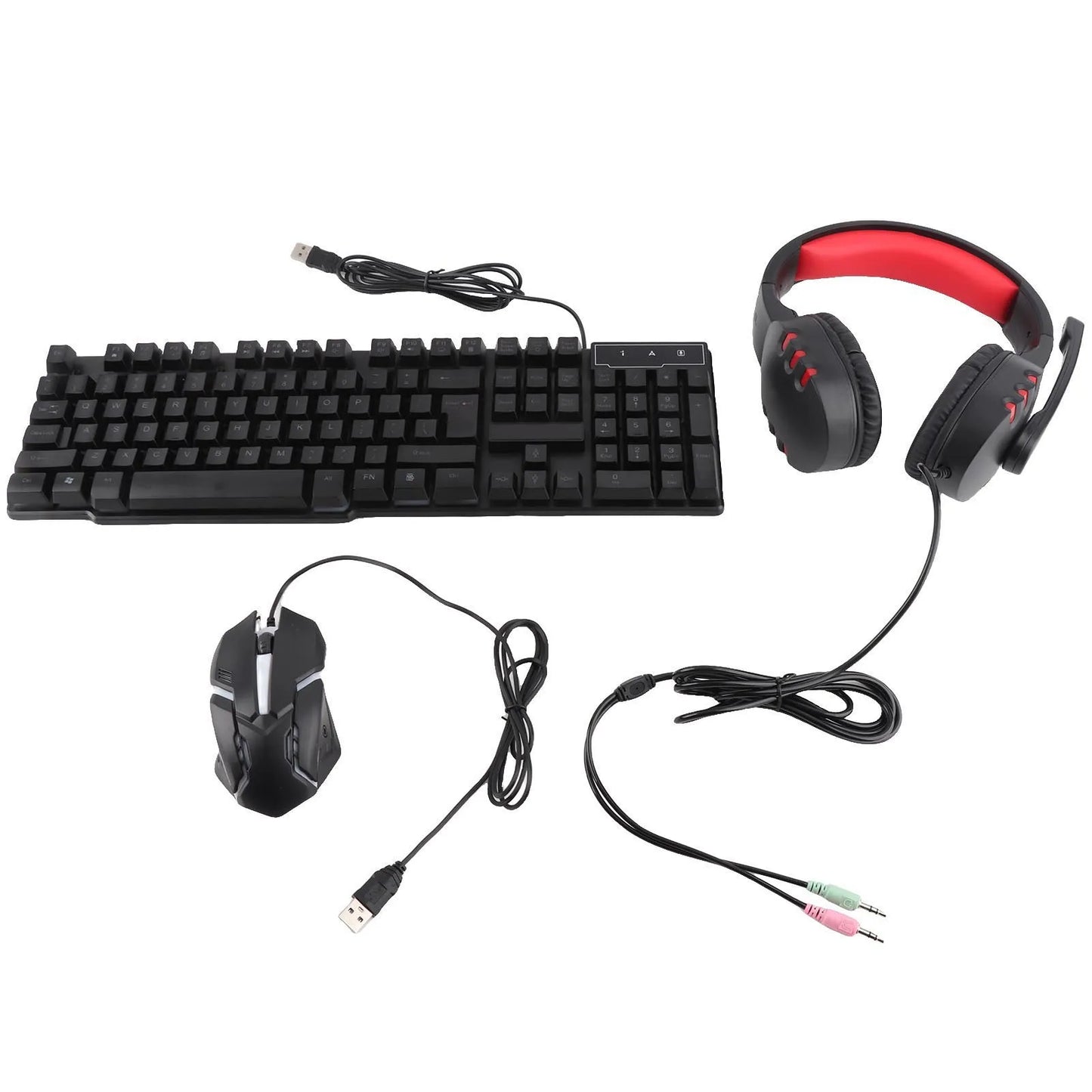 Combo gaming 4 pezzi tastiera e mouse, tastiera ergonomica 104 tasti, mouse con luce breathing a 4 colori, cuffie e tappetino per mouse antiscivolo