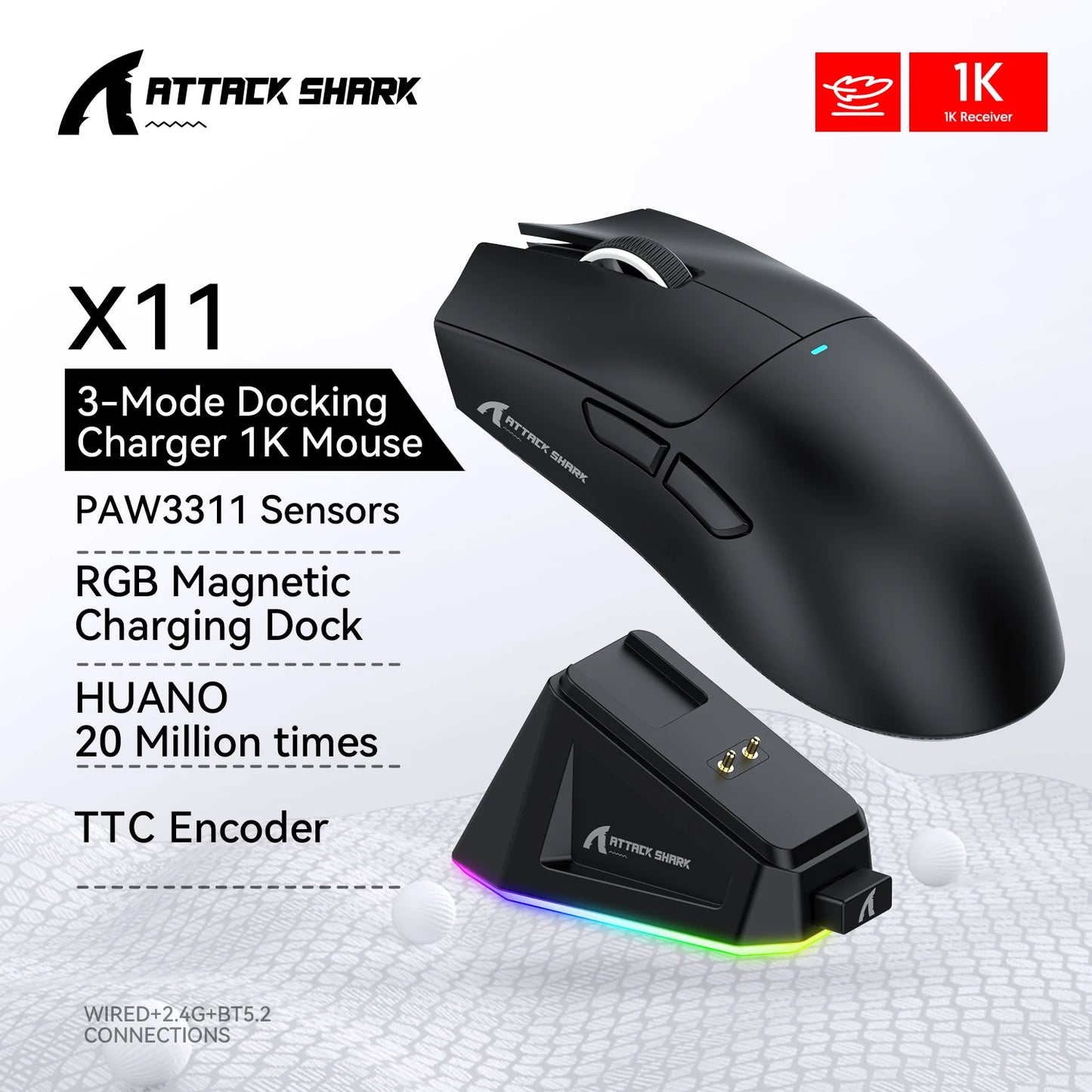 ATTACK SHARK X11 SE Wireless Gaming Mouse 22000 DPI, PixArt PAW3311 Sensor, Tri-Mode Bluetooth, 2.4G & Wired, Lightweight RGB Gaming Mouse