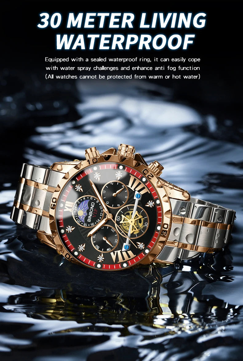 BINBOND quartz watches for men luxury accurate durable watch luminous waterproof chronograph men's watch business watch reloj