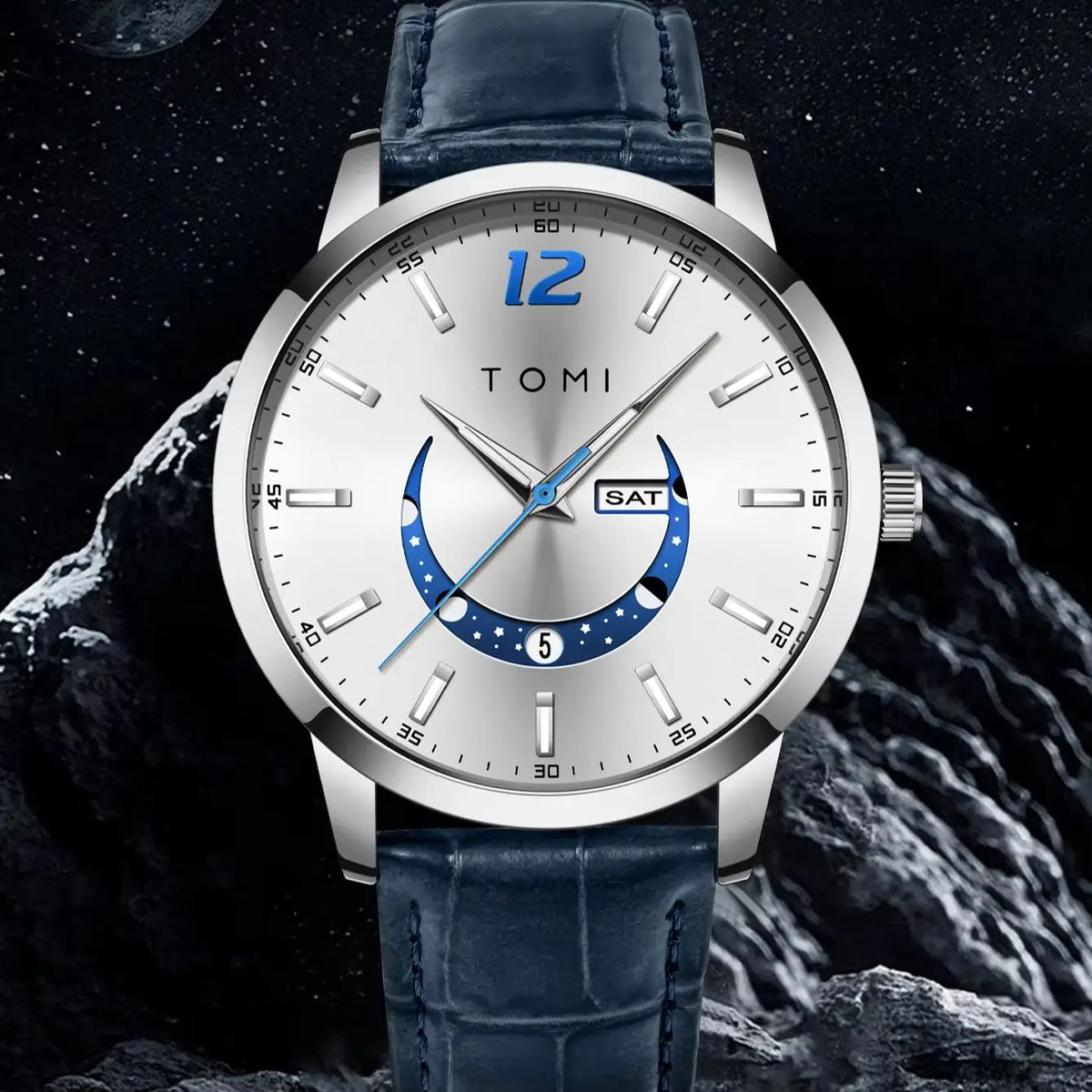 Relógio de quartzo TOMI, estilo empresarial e elegante, com bracelete em pele, caixa em liga metálica e mostrador com ponteiros – Design de alta qualidade, ideia de presente para homem