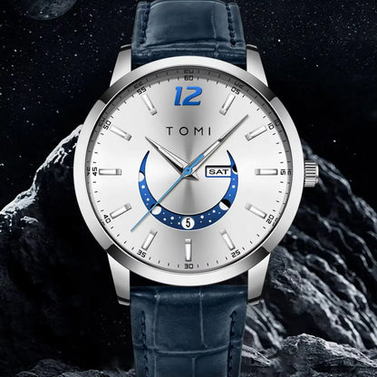 Relógio de quartzo TOMI, estilo empresarial e elegante, com bracelete em pele, caixa em liga metálica e mostrador com ponteiros – Design de alta qualidade, ideia de presente para homem