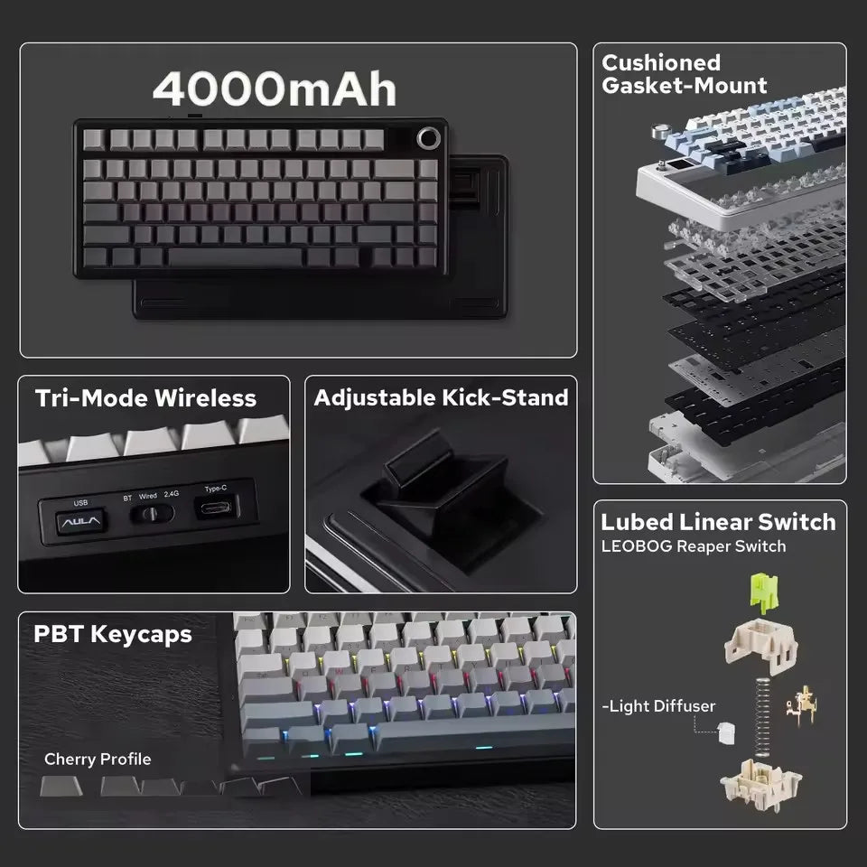Tastiera meccanica gaming AULA F75 MAX 2.4G Wireless/BT/cablata, hot-swap RGB, 75%, 81 tasti, tastiera da ufficio con schermo TFT