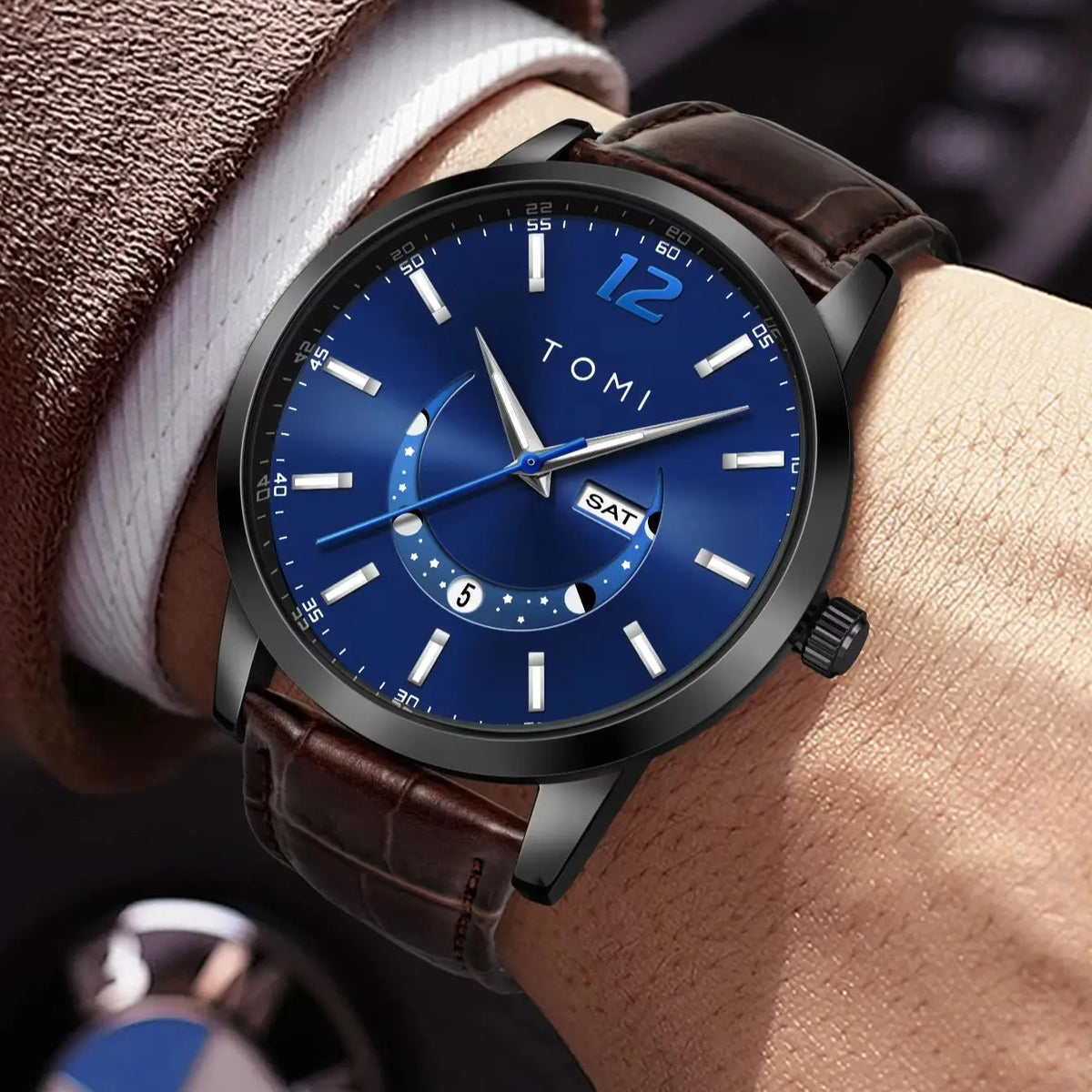 Relógio de quartzo TOMI, estilo empresarial e elegante, com bracelete em pele, caixa em liga metálica e mostrador com ponteiros – Design de alta qualidade, ideia de presente para homem
