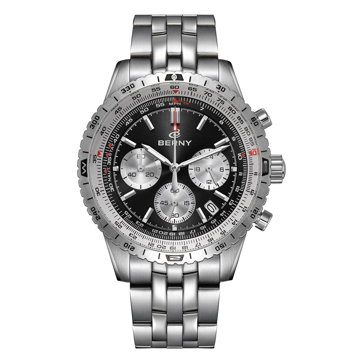 Relógio de homem BERNY Aviation – Cronógrafo de quartzo com data, vidro de safira e revestimento ultraluminescente – Relógio elegante de marca de luxo