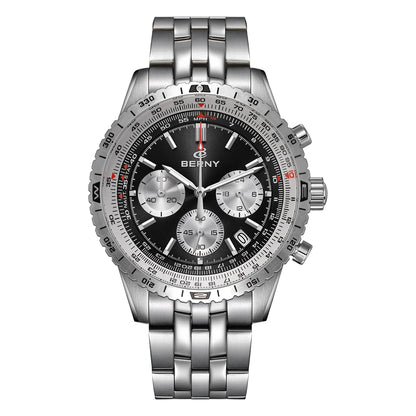 Relógio de homem BERNY Aviation – Cronógrafo de quartzo com data, vidro de safira e revestimento ultraluminescente – Relógio elegante de marca de luxo