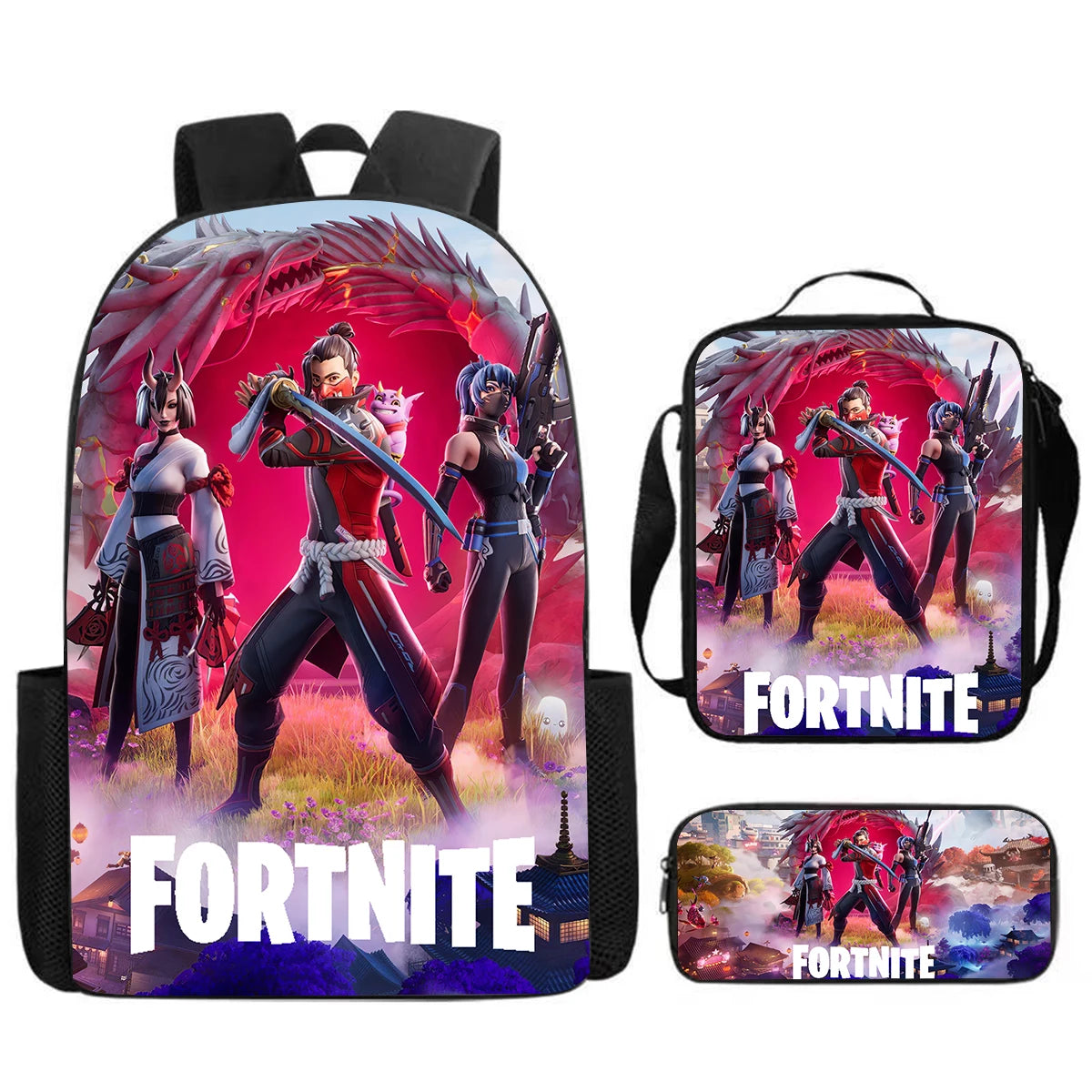 Set Fortnite Cartoon de 3 piezas, gran capacidad, adecuado para niños y niñas de 5 a 8 años, incluye mochila, bolsa para comida y estuche para lápices