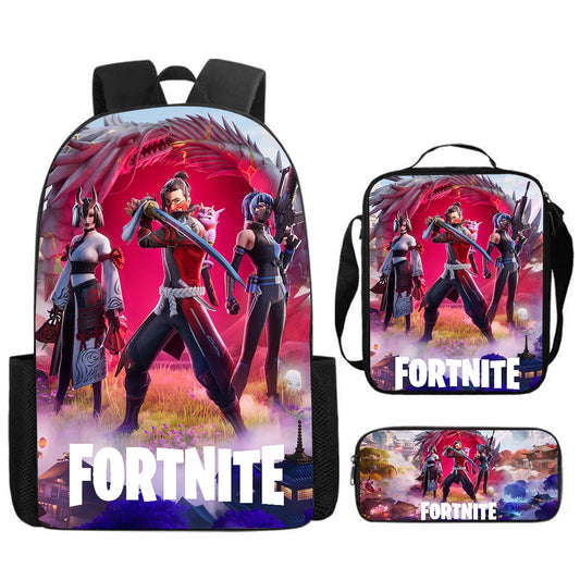 Fortnite Cartoon 3pcs Set, Large Capacity Suitable for Boys and Girls Aged 5-8, Includes Backpack, Dinner Bag, and  Pencil Case