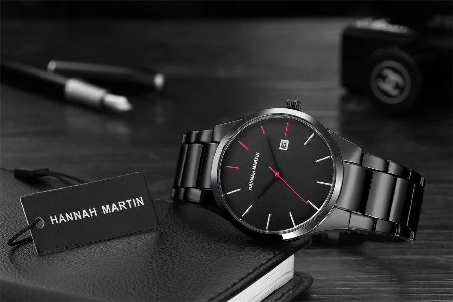 Relógio de homem Hannah Martin, caixa em aço inoxidável, movimento de quartzo, mostrador de 41 mm, estilo profissional, com indicação do calendário (imitação)