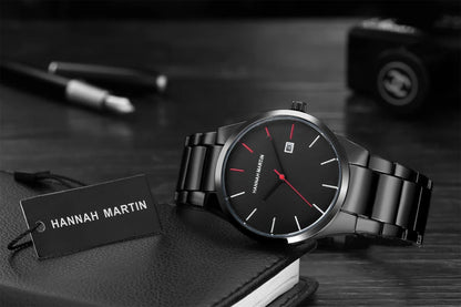 Relógio de homem Hannah Martin, caixa em aço inoxidável, movimento de quartzo, mostrador de 41 mm, estilo profissional, com indicação do calendário (imitação)