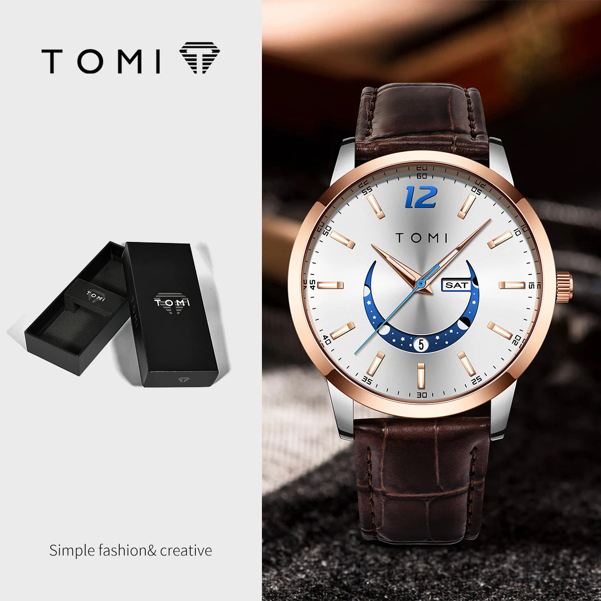 Relógio de quartzo TOMI, estilo empresarial e elegante, com bracelete em pele, caixa em liga metálica e mostrador com ponteiros – Design de alta qualidade, ideia de presente para homem