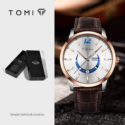 Relógio de quartzo TOMI, estilo empresarial e elegante, com bracelete em pele, caixa em liga metálica e mostrador com ponteiros – Design de alta qualidade, ideia de presente para homem