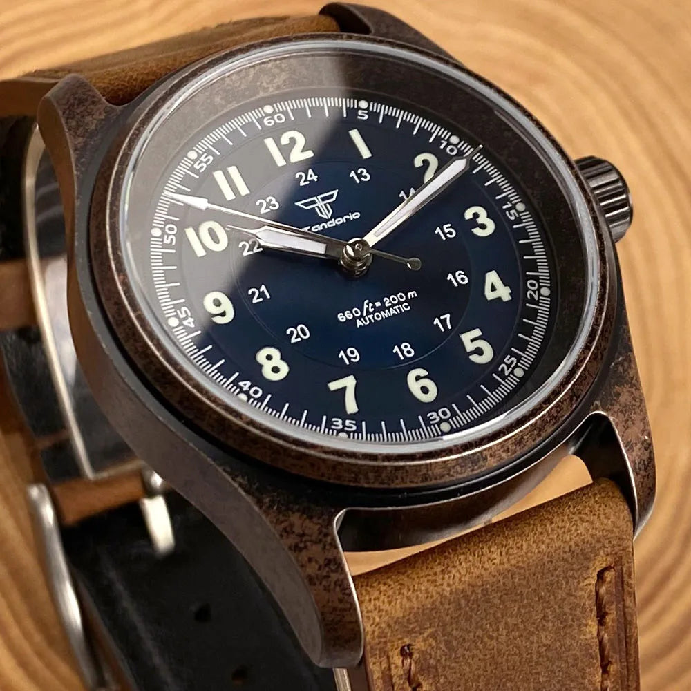 PVD Bronze Case TANDORIO 36mm Military Field Watch Men Japanese NH35A Automatic Movement Sapphire 200M Waterproof Pilot Watches