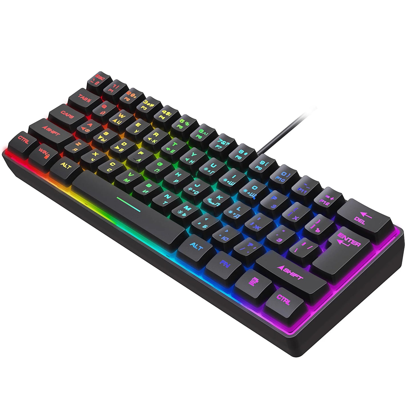 Teclado gaming, teclado ultracompacto de 61 teclas con retroiluminación RGB ruso/inglés, teclados de oficina resistentes al agua con sensación mecánica para gaming
