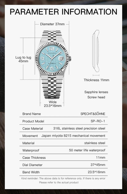 2025 Specht & Söhne Men's Automatic Mechanical Watch Japan Miyota 8215 Movt Stainless Steel Sapphire Crystal Watch reloj hombre