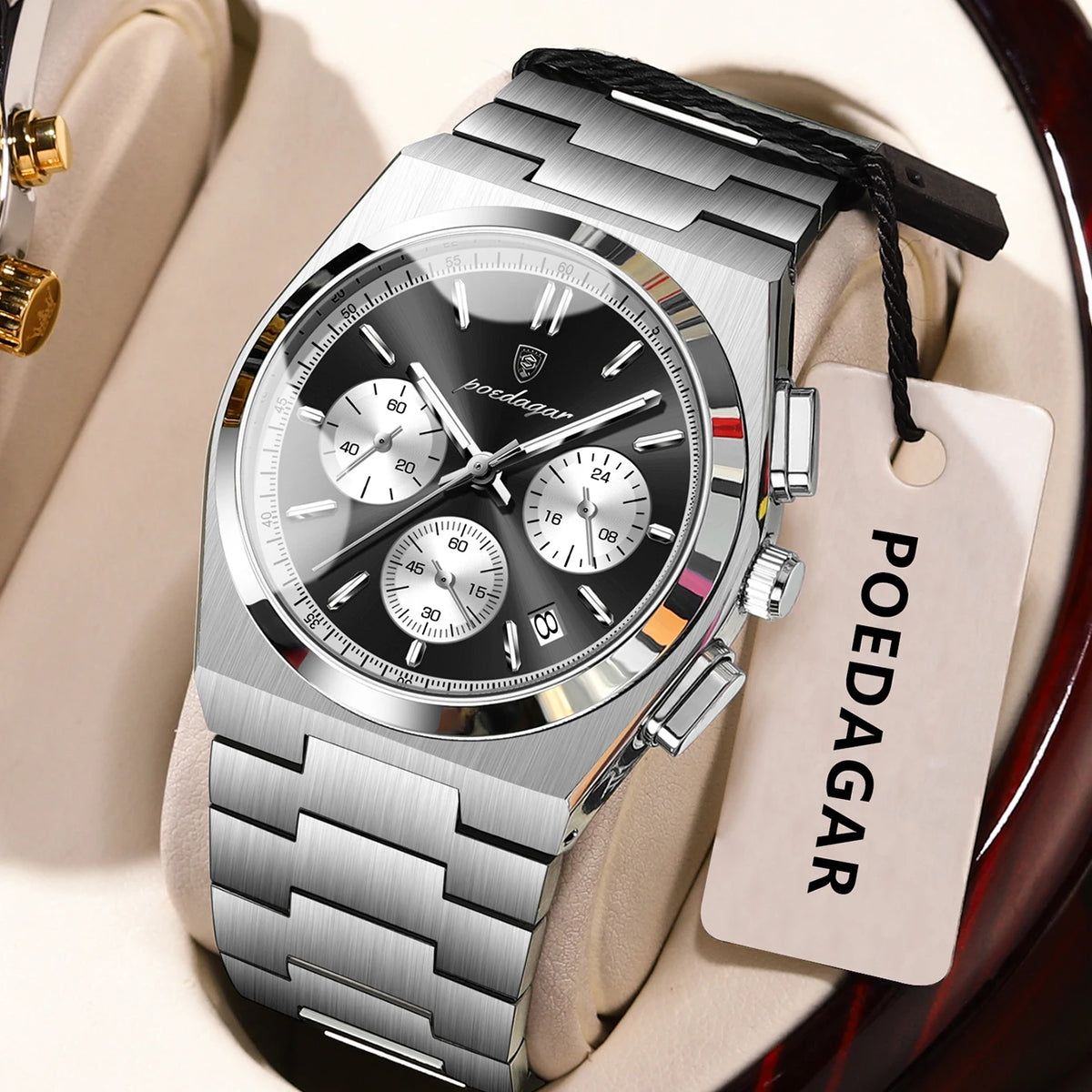 Reloj para hombre POEDAGAR: cronógrafo de lujo de acero inoxidable, con fecha, resistente al agua y luminiscente; reloj de pulsera deportivo de cuarzo