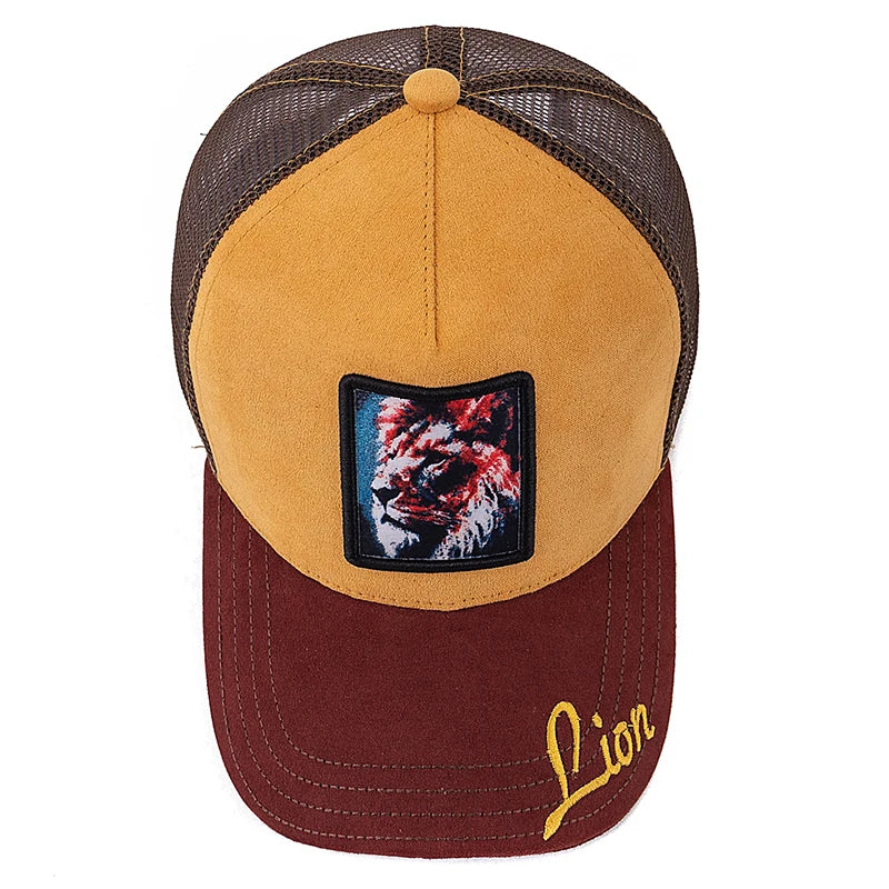 Hot Sale Unisex Mesh Cap Lion Pattern Patch Design Suede Hat Women And Men Summer Animal Baseball Cap Fashion Trucker Hat