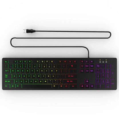 Tastiera da gaming per computer retroilluminata RGB silenziosa, tastiera cablata USB per ufficio e casa, russo, francese, spagnolo, tedesco, arabo, inglese