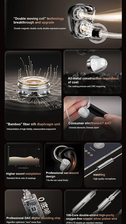 Zhulinniao JingHong Z3 2025 High-Fidelity In-Ear HiFi Earphones Dual Dynamic Drivers Metal Music Monitor Customizable Audio