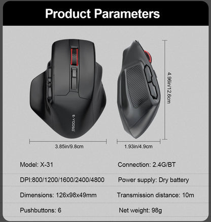 Ratón gaming E-YOOSO X-31 Pro USB grande con Bluetooth 2.4G inalámbrico, PAW3212, 4800 DPI, para gamers, ordenador portátil y PC