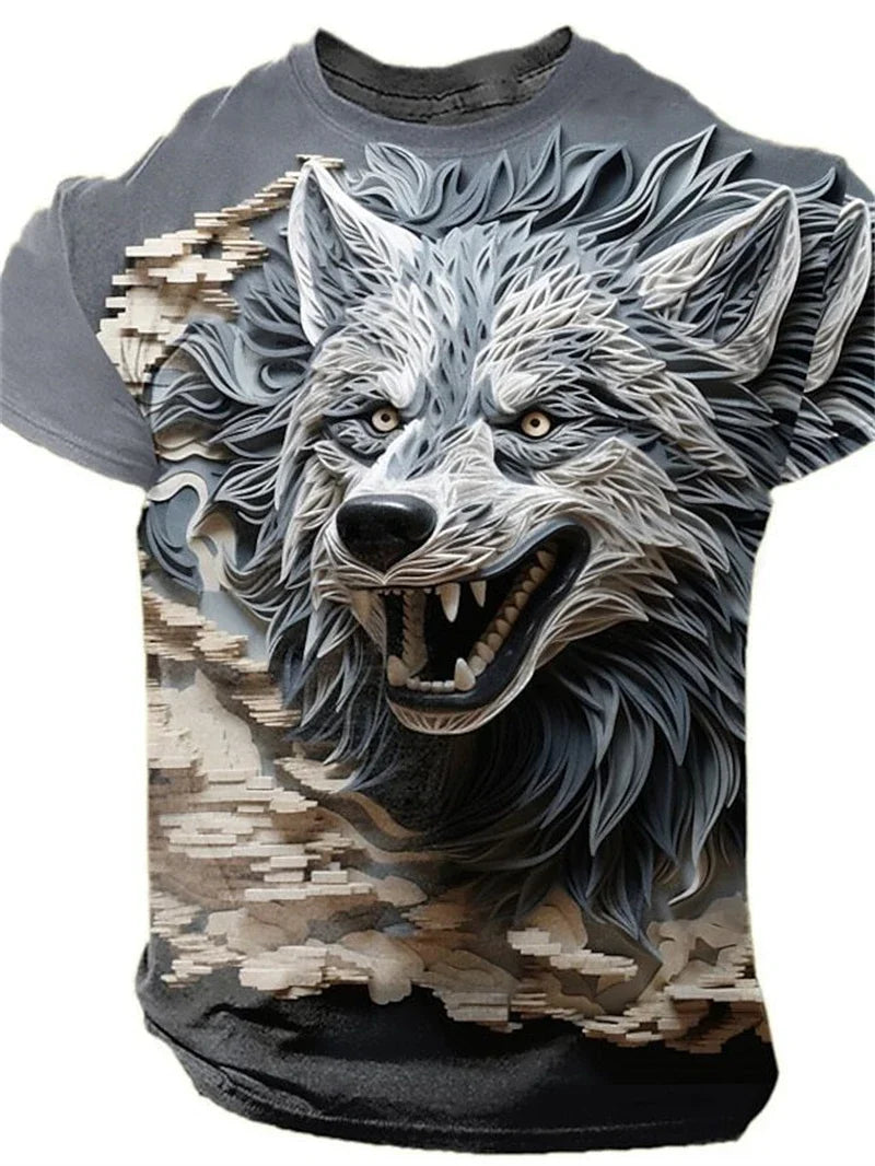Herre-T-shirt med 3D-ulvprint, realistisk dyremotiv, rund hals, korte ærmer, cool streetwear, afslappet, åndbar T-shirt