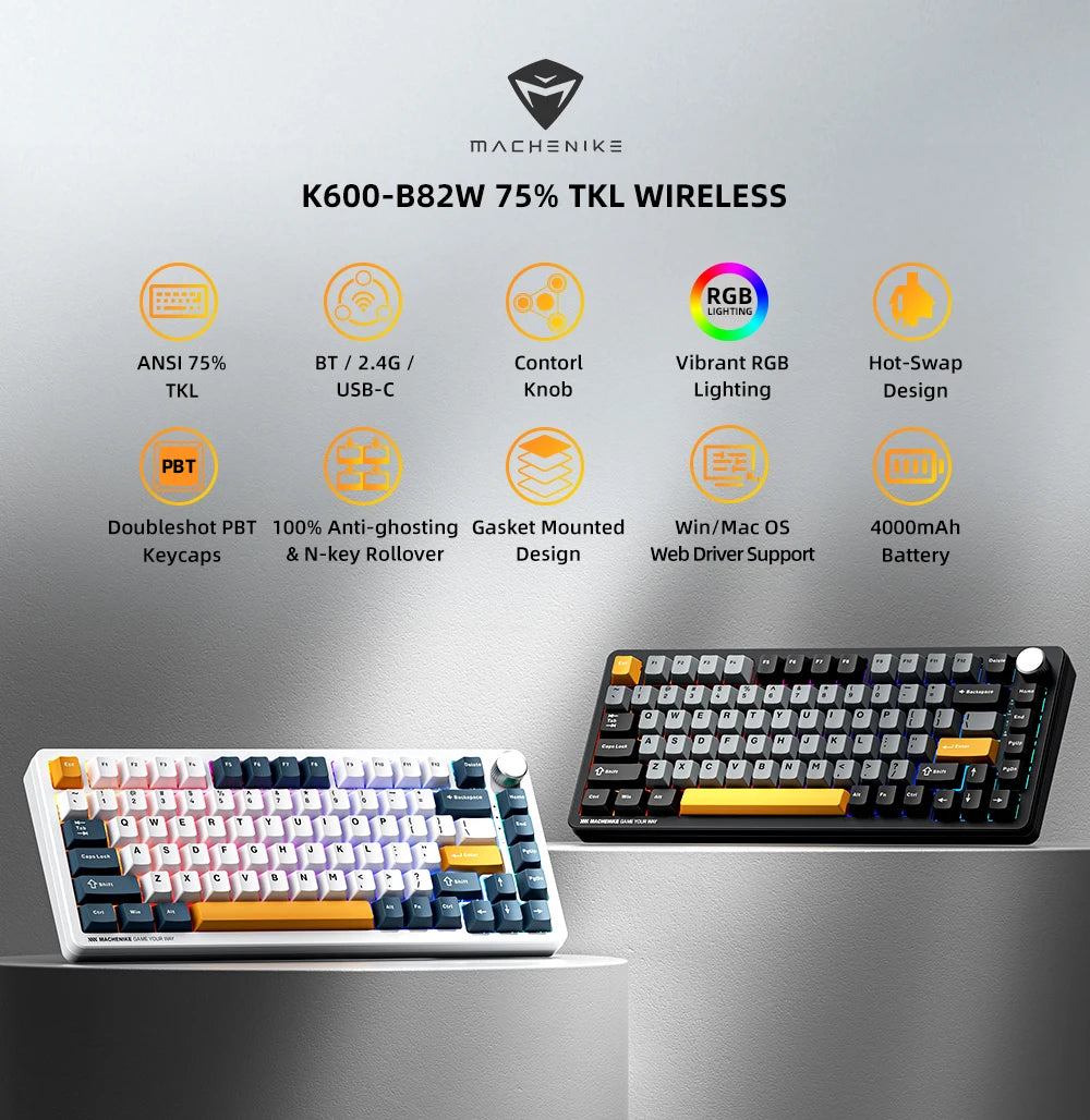 Teclado mecánico Machenike K600-B82W Tri-Modos con montaje gasket, diseño ANSI 75%, retroiluminación RGB y conexión inalámbrica para gaming