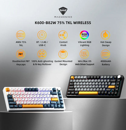 Teclado mecánico Machenike K600-B82W Tri-Modos con montaje gasket, diseño ANSI 75%, retroiluminación RGB y conexión inalámbrica para gaming