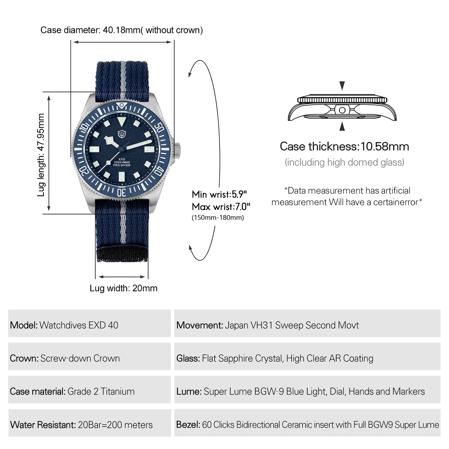 Watchdives EXD 40Mm Titanium Dive Watch Man VH31 Sweep Quartz Watches 200 Waterproof Ar Sapphire BGW9 Luminous 316L Wristwatch