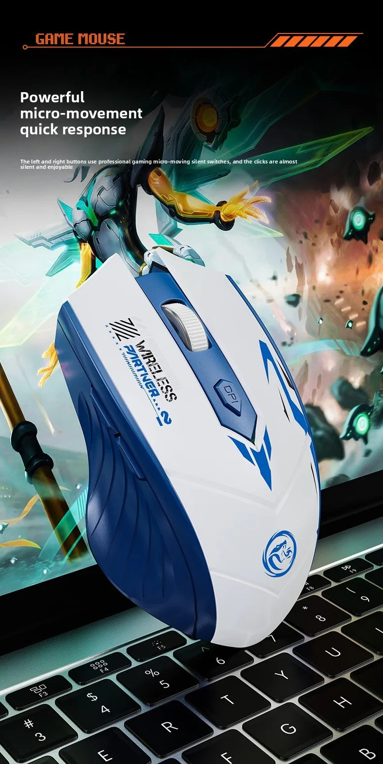 Ratón gaming inalámbrico 2.4G USB silencioso de doble modo Bluetooth recargable 1600DPI para ordenador, PC y portátil