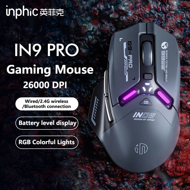 Inphic IN9PRO belaidė žaidimų pelė, 26000DPI, 8K apklausos dažnis, Bluetooth 5.0, laidinė, 2.4G, trijų režimų RGB ergonominė žaidimų pelė
