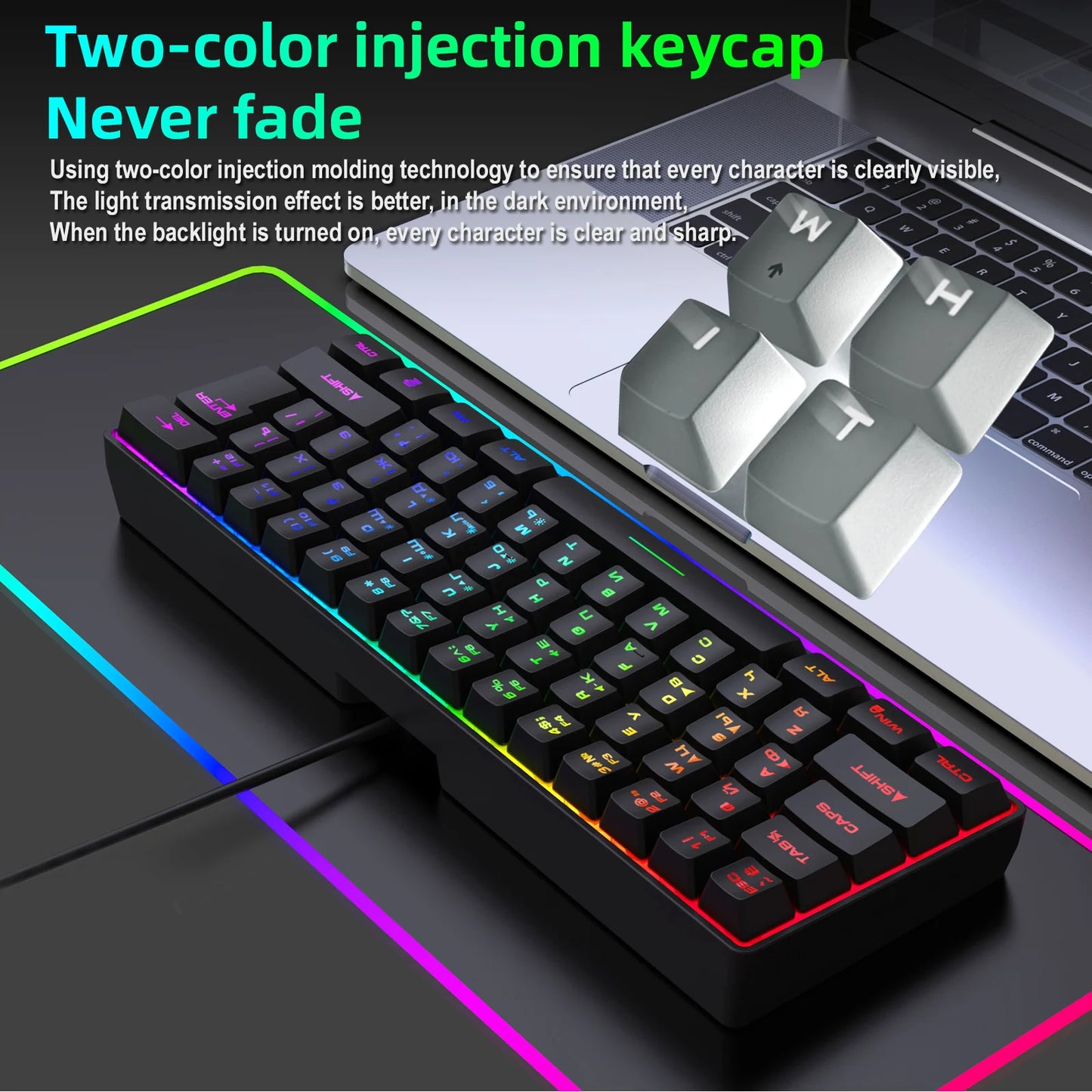 Teclado gaming, teclado ultracompacto de 61 teclas con retroiluminación RGB ruso/inglés, teclados de oficina resistentes al agua con sensación mecánica para gaming