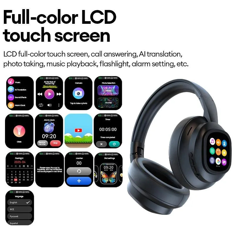 Auriculares inalámbricos Bluetooth con pantalla táctil LCD AI – Headset gaming con cancelación de ruido ANC, graves profundos y micrófono HD