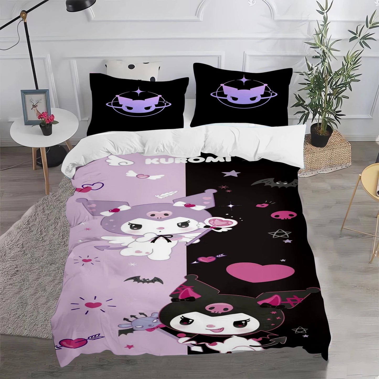 Conjunto de Capa de Edredão e Fronha Kuromi Fofo para Cama, Decoração de Quarto para Adulto, Rapaz e Rapariga, Presente para Crianças, Tamanho Individual, Duplo e Grande