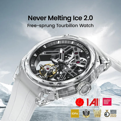 Reloj AGELOCER de edición limitada «Ice Never Melts» con tourbillon de cristal de oscilación libre, reloj mecánico manual de lujo
