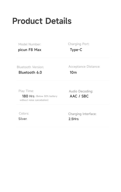 Cuffie wireless Picun F8MAX ANC, cancellazione attiva del rumore ibrida 59dB, audio spaziale, auricolari Bluetooth 6.0, headset over-ear 180H