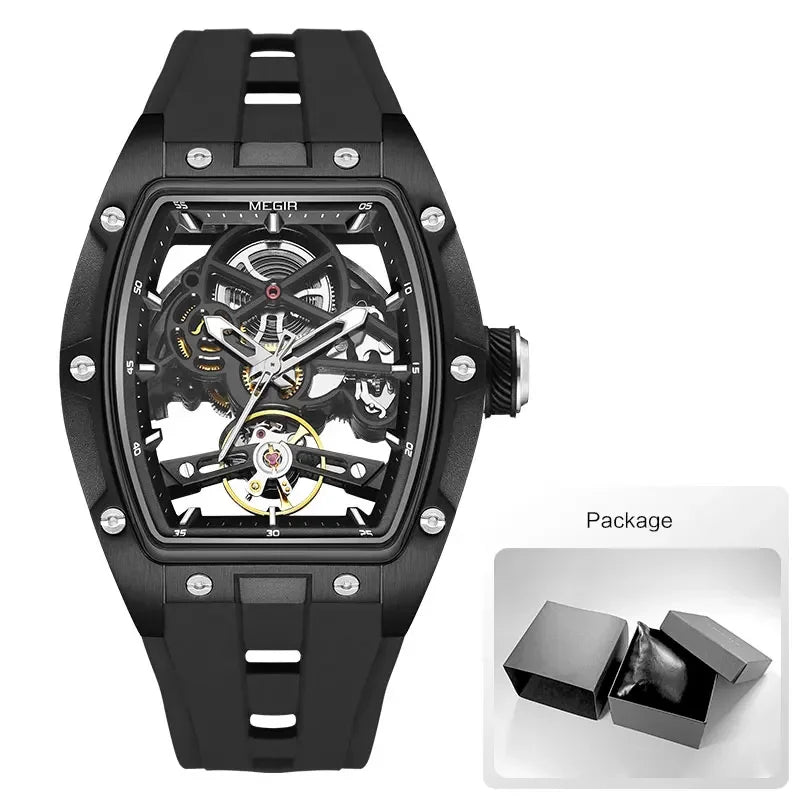 Orologio da polso automatico MEGIR da uomo, fashion, cinturino in silicone nero, impermeabile, luminoso, sportivo, meccanico, con quadrante tonneau 2242