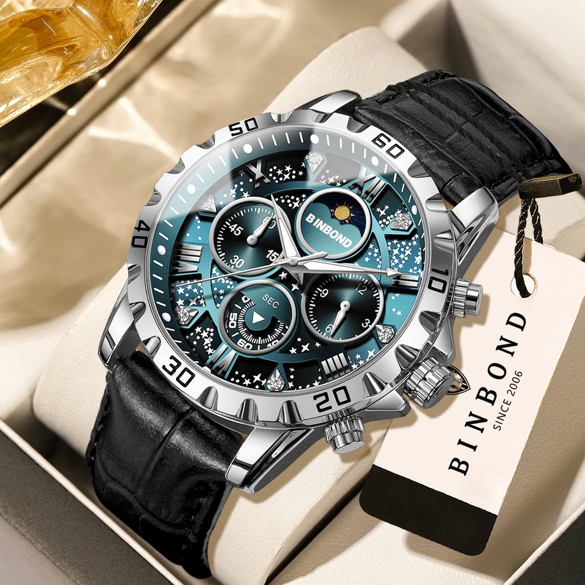 Relógio de pulso de quartzo BINBOND, autêntico e preciso, para homem, cronógrafo luxuoso, resistente à água e com luz, com bracelete em pele.