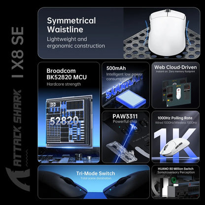 Mouse gaming wireless superleggero ATTACK SHARK X8 SE 55g, mouse tri-mode BK52820, 25000DPI, batteria 500mAh, 5 pulsanti programmabili