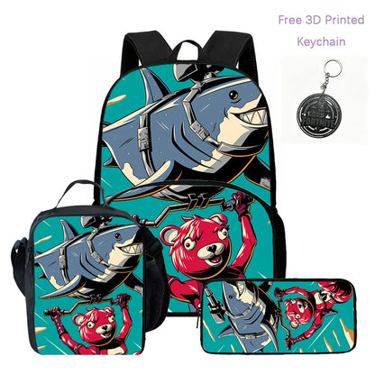 Zaino FORTNITE leggero 3 pezzi con tasca frontale, borsa pranzo, astuccio e portachiavi 3D stampato gratuito per bambini e bambine dai 5 ai 10 anni