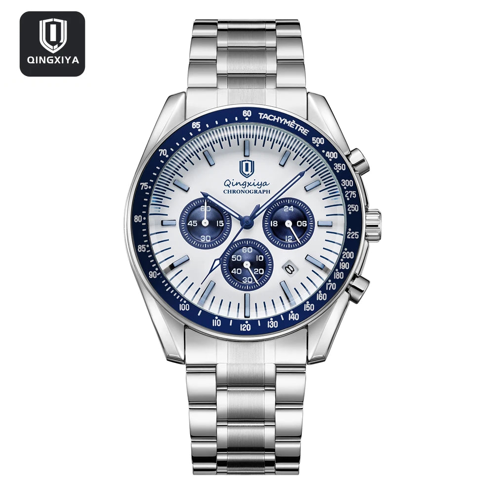 Relógio de quartzo para homem, de marca de luxo, estanque e luminescente, em aço inoxidável, equipado com um cronógrafo de 24 horas e um indicador de data – Relógio elegante para homem