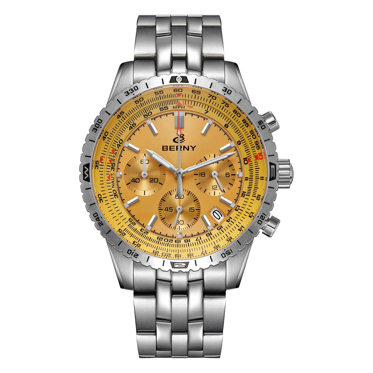 Relógio de homem BERNY Aviation – Cronógrafo de quartzo com data, vidro de safira e revestimento ultraluminescente – Relógio elegante de marca de luxo