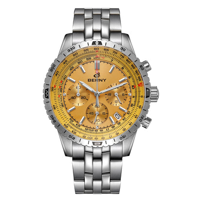 Relógio de homem BERNY Aviation – Cronógrafo de quartzo com data, vidro de safira e revestimento ultraluminescente – Relógio elegante de marca de luxo