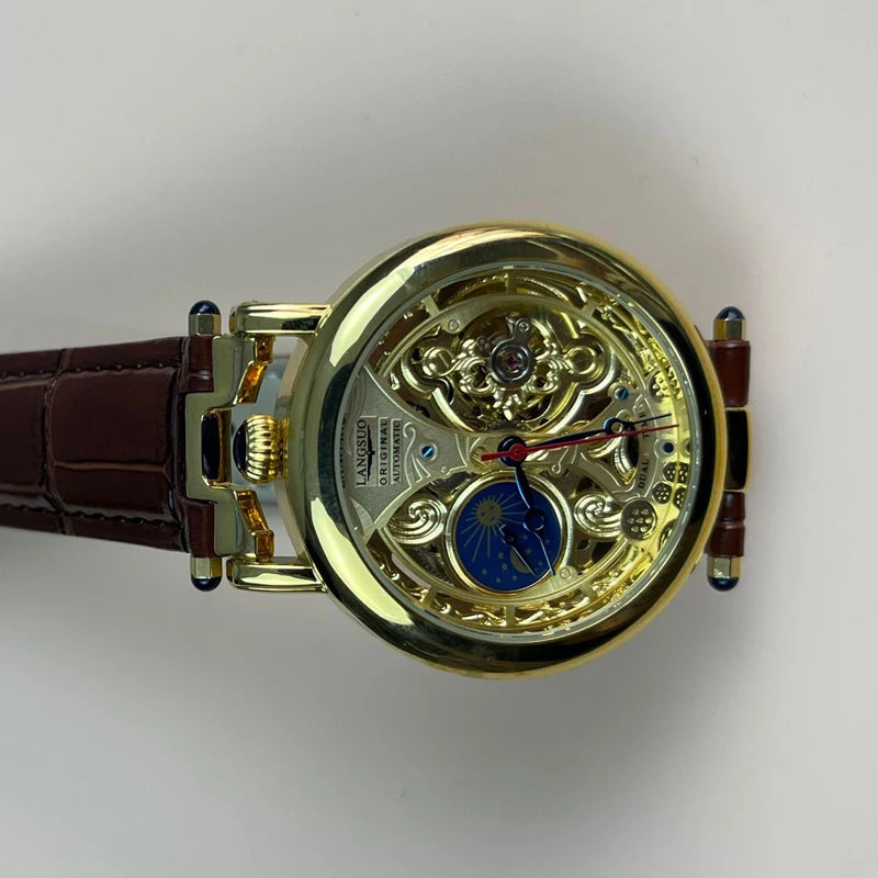  Top Luxury Moon Phase Men's Watches Original Mechanical Leather Men Clock Date Week Hollow Tourbillon Automatic Man Watch