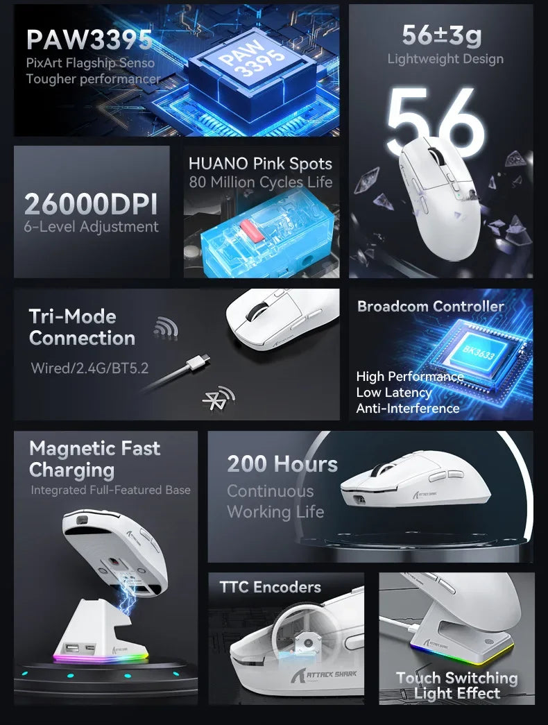 Attack Shark X6 Wireless Ergonomic Gaming Mouse Adjustable DPI Wired 2.4G/Bluetooth High Precision Rechargeable Mice