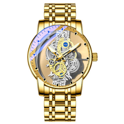 Trendig herrklocka, modell med dubbla öppningar, lyxig gulddesign, mekanisk tourbillon-imitation, kvartsverk.
