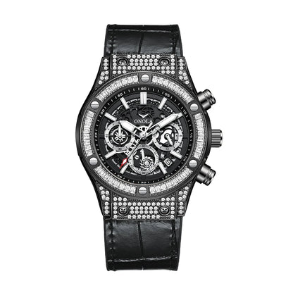 ONOLA Luxury Style Diamond Inlaid Men Quartz Watch Leather Strap Calendar Men Watch 30M Waterproof Men Clock